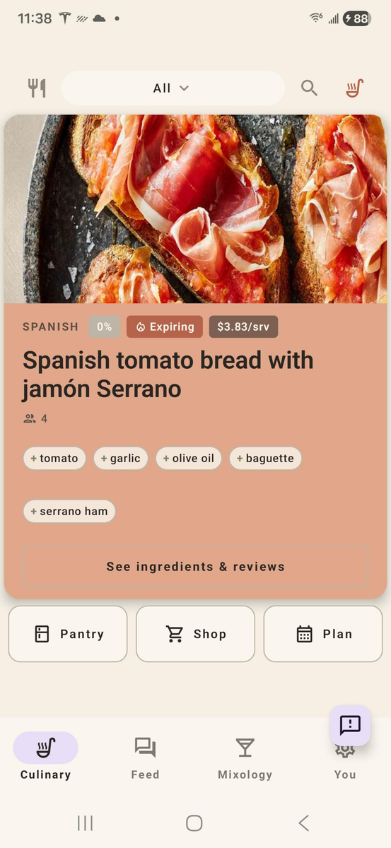 brimm Culinary deck with Spanish tomato bread and jamón Serrano