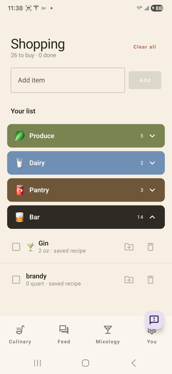 Shopping list with categorized sections (Produce, Dairy, Pantry, Bar), 26 to buy