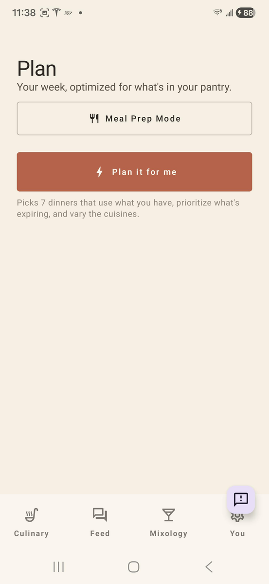 brimm Plan screen with Plan-it-for-me CTA, picks 7 dinners that use what you have